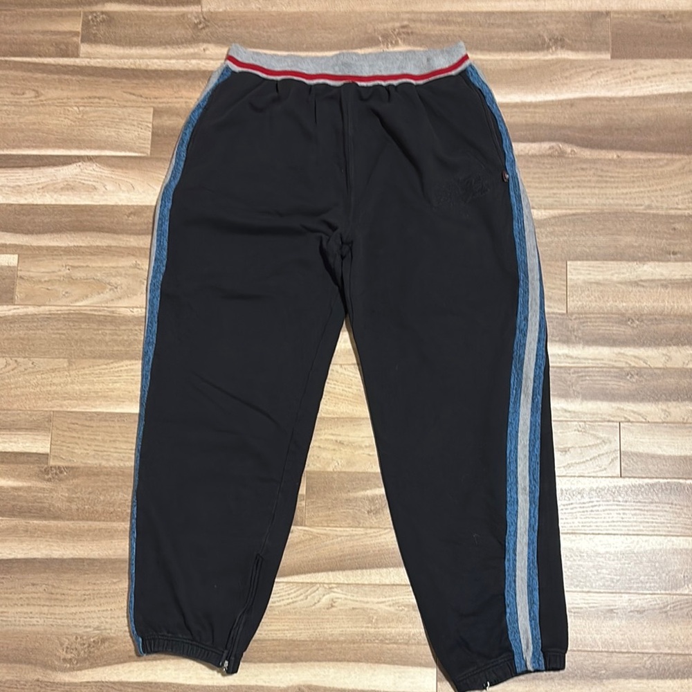 Vintage Phat Farm Black Track Pants with Blue and Gray Stripes